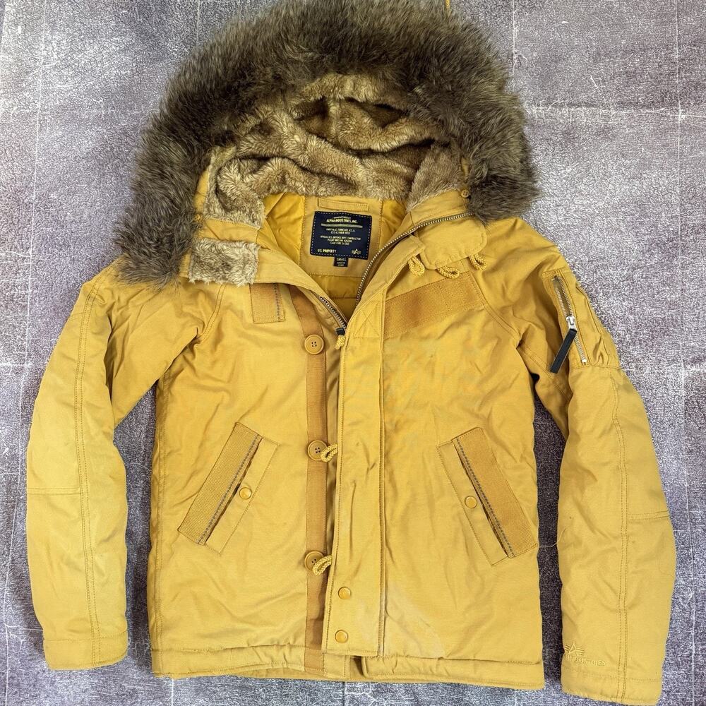 Mens Alpha Industries N-3B Mustard Yellow Faux Fur Hooded Parka Coat Jacket Sz S